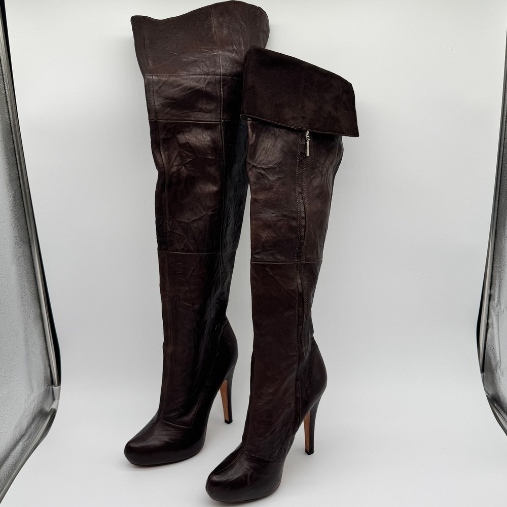Report Signature Boots Womens Brown Leather Over The Knee Stiletto Platform